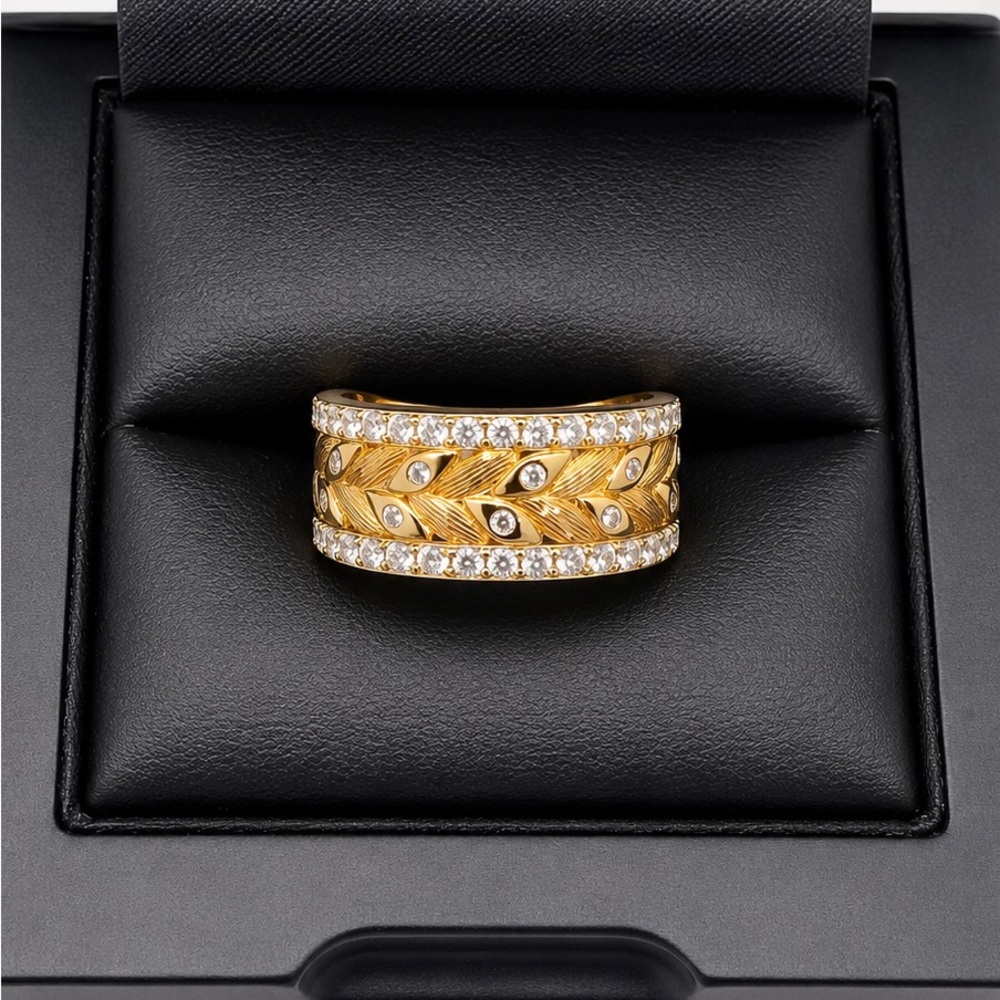 Gold Over 925 Sterling Silver White CZ Wide Band Eternity Ring size 6 or 7